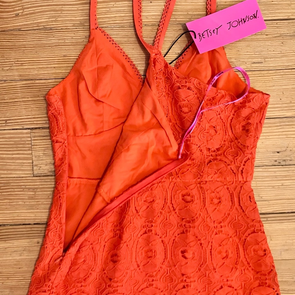 NWT Betsey Johnson Crochet Lace Ruffle Hem Mini Dress in Spicy Orange Sz S. - Picture 10 of 13